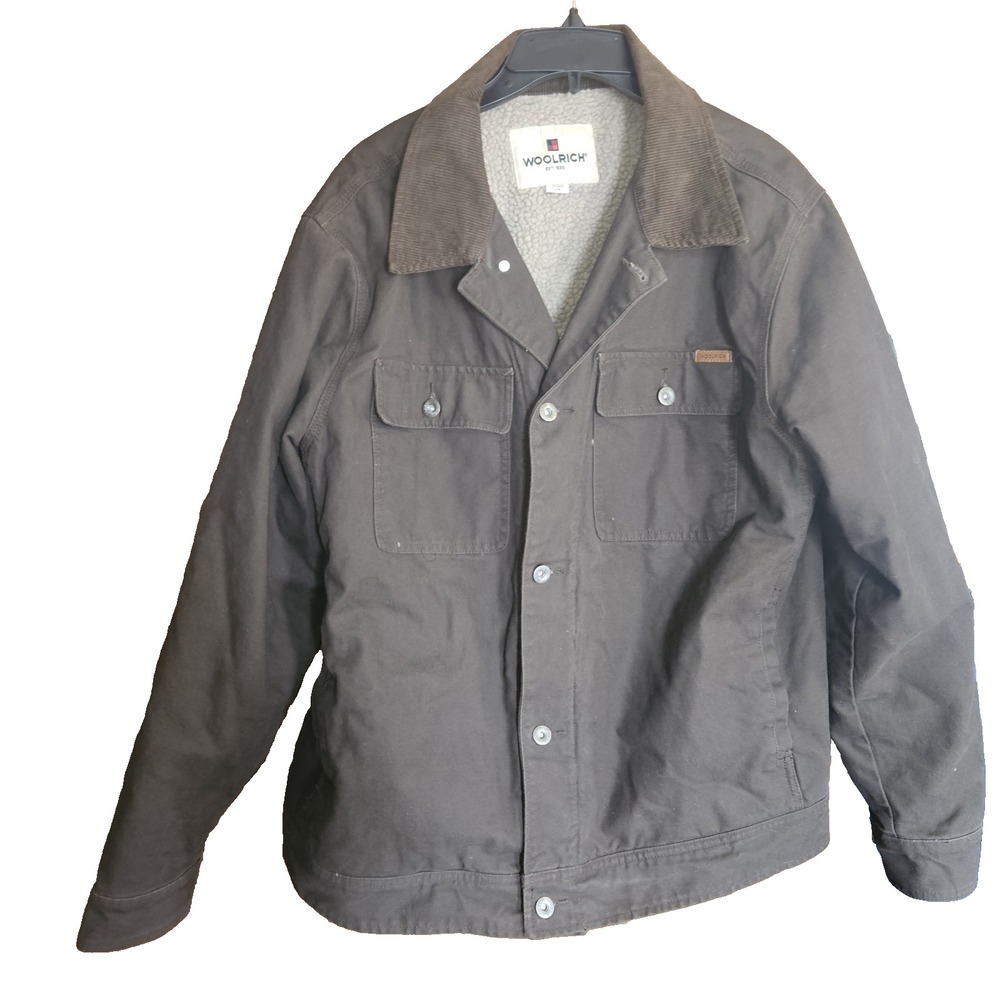 Woolrich Men's Large Sherpa Lined Utility Coat | Gray Brown Canvas Barn‎ Jacket